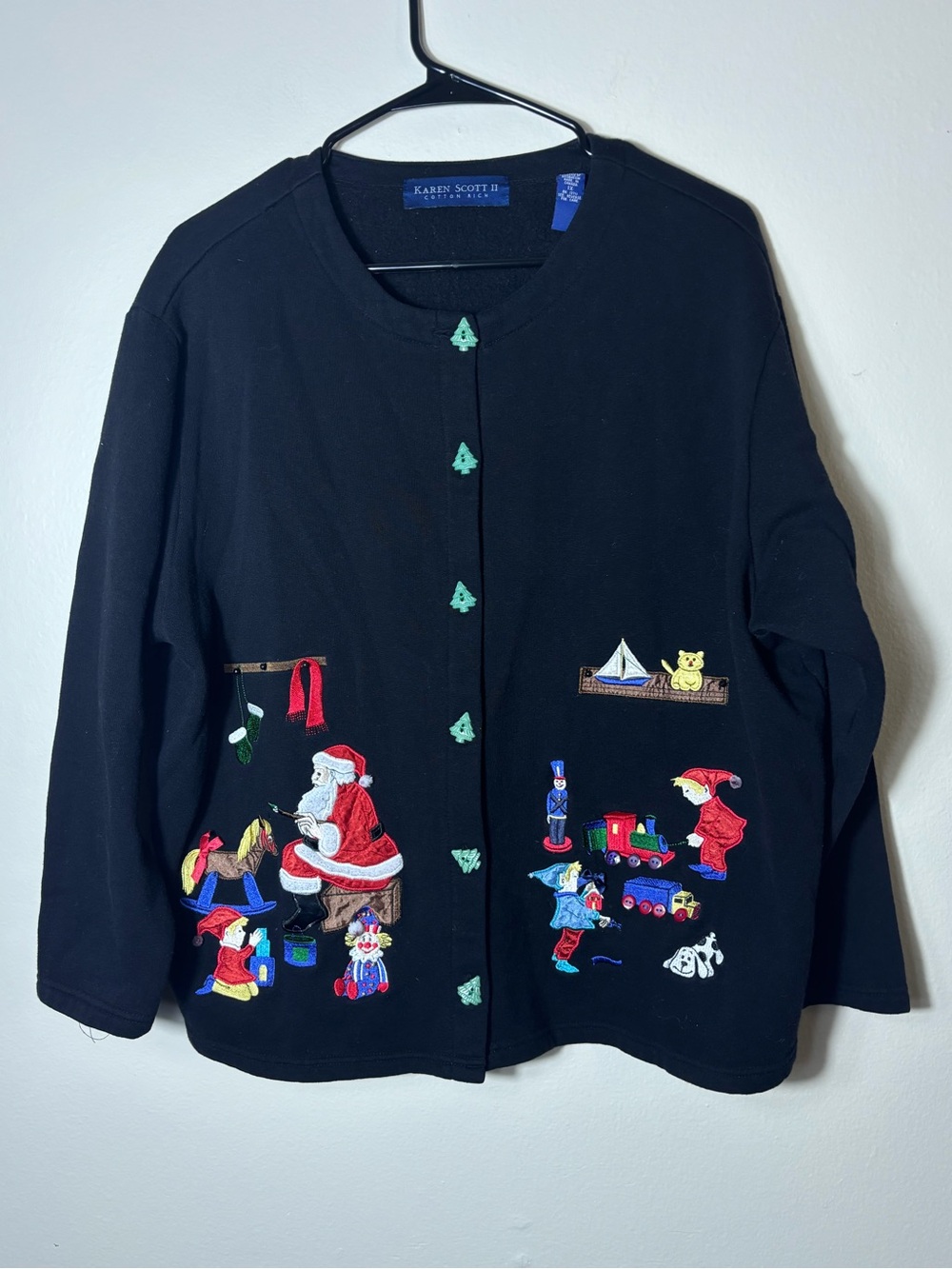 Karen Scott 1x Black Christmas Embroidered Embellished Tree Buttons Cardigan